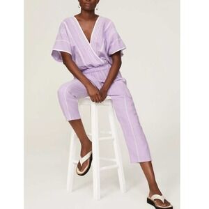 Paradised Merri Jumpsuit Lavender White Striped Cropped V-Neck Short Sleeve Sz L